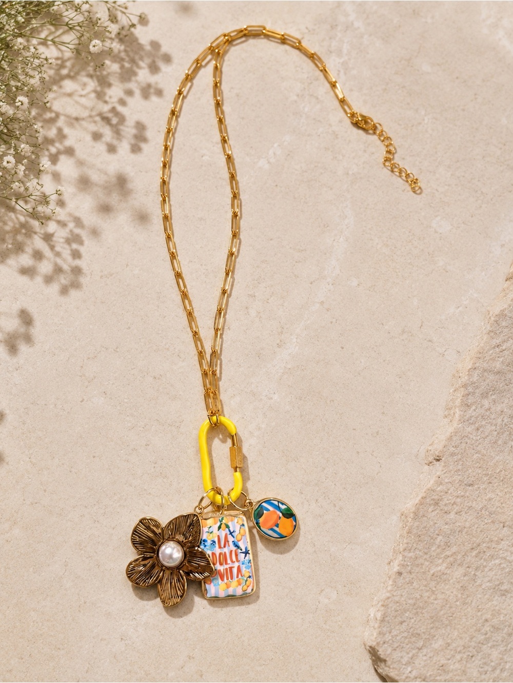 Handmade Gold-Tone Yellow Charm Necklace with Floral and Enamel Accents